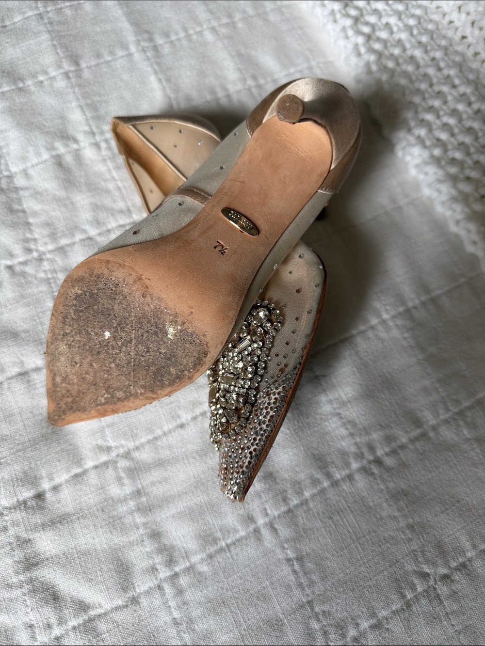 Badgley Mischka Ivory Satin Crystal-Embellished Pointed Toe Heels - Picture 4 of 6
